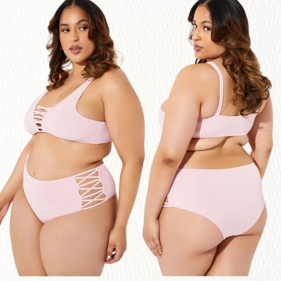 NWT YMI 2X Set Pink Ribbed Lattice Bikini Sexy Swim - Picture 2 of 8